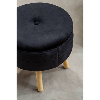 Ivy Black Velvet Storage Stool with Wooden Legs