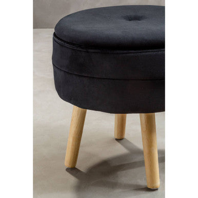 Ivy Black Velvet Storage Stool with Wooden Legs