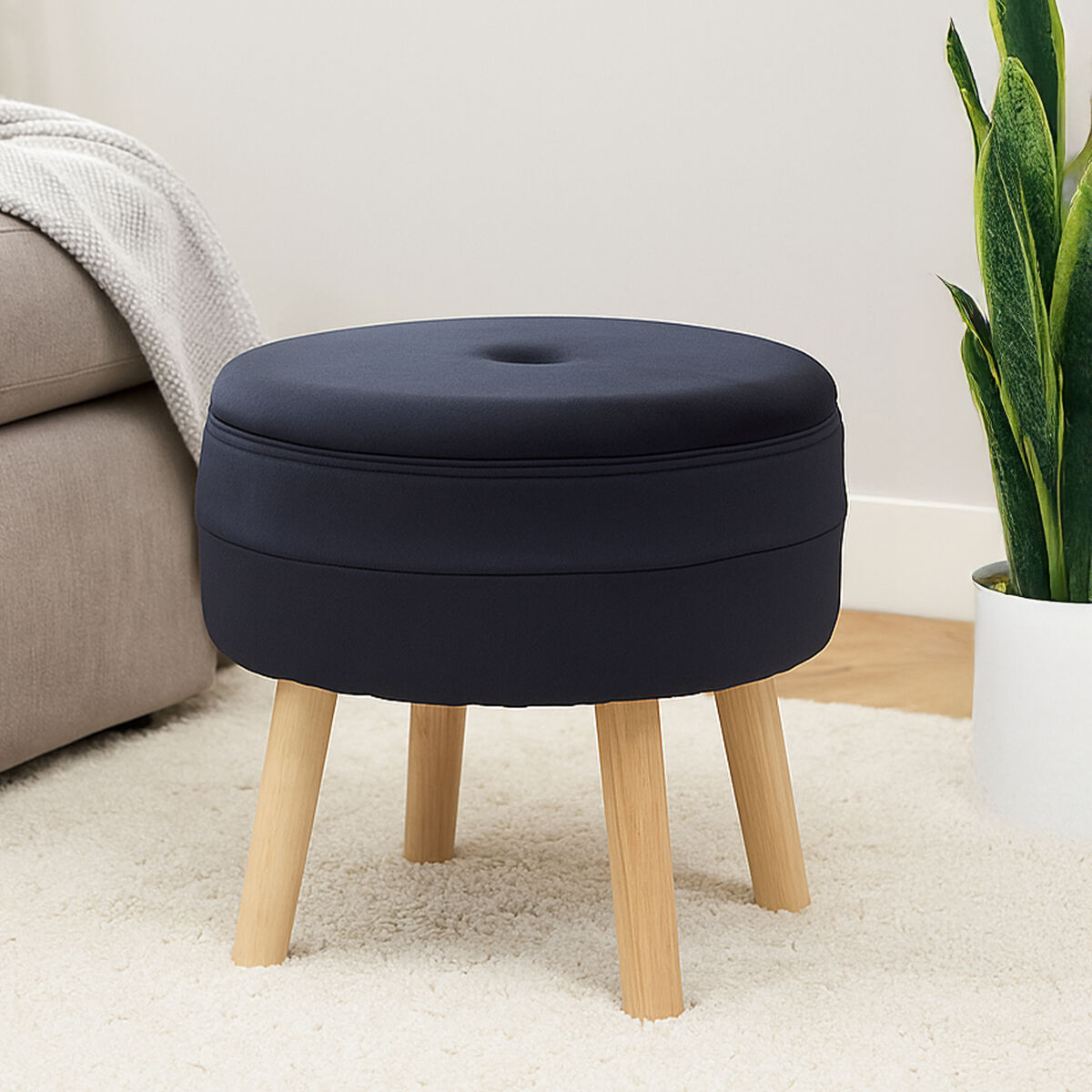 Ivy Black Velvet Storage Stool with Wooden Legs