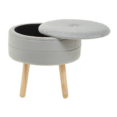 Ivy Grey Velvet Storage Stool with Wooden Legs
