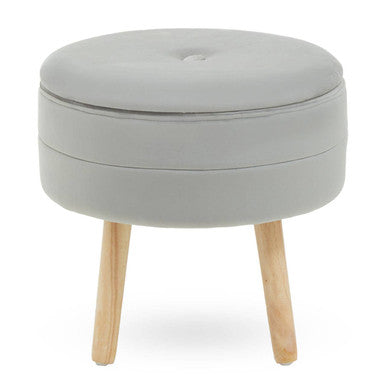 Ivy Grey Velvet Storage Stool with Wooden Legs