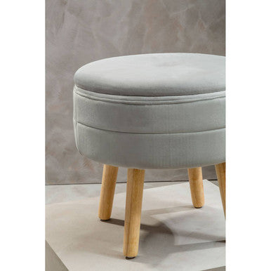 Ivy Grey Velvet Storage Stool with Wooden Legs