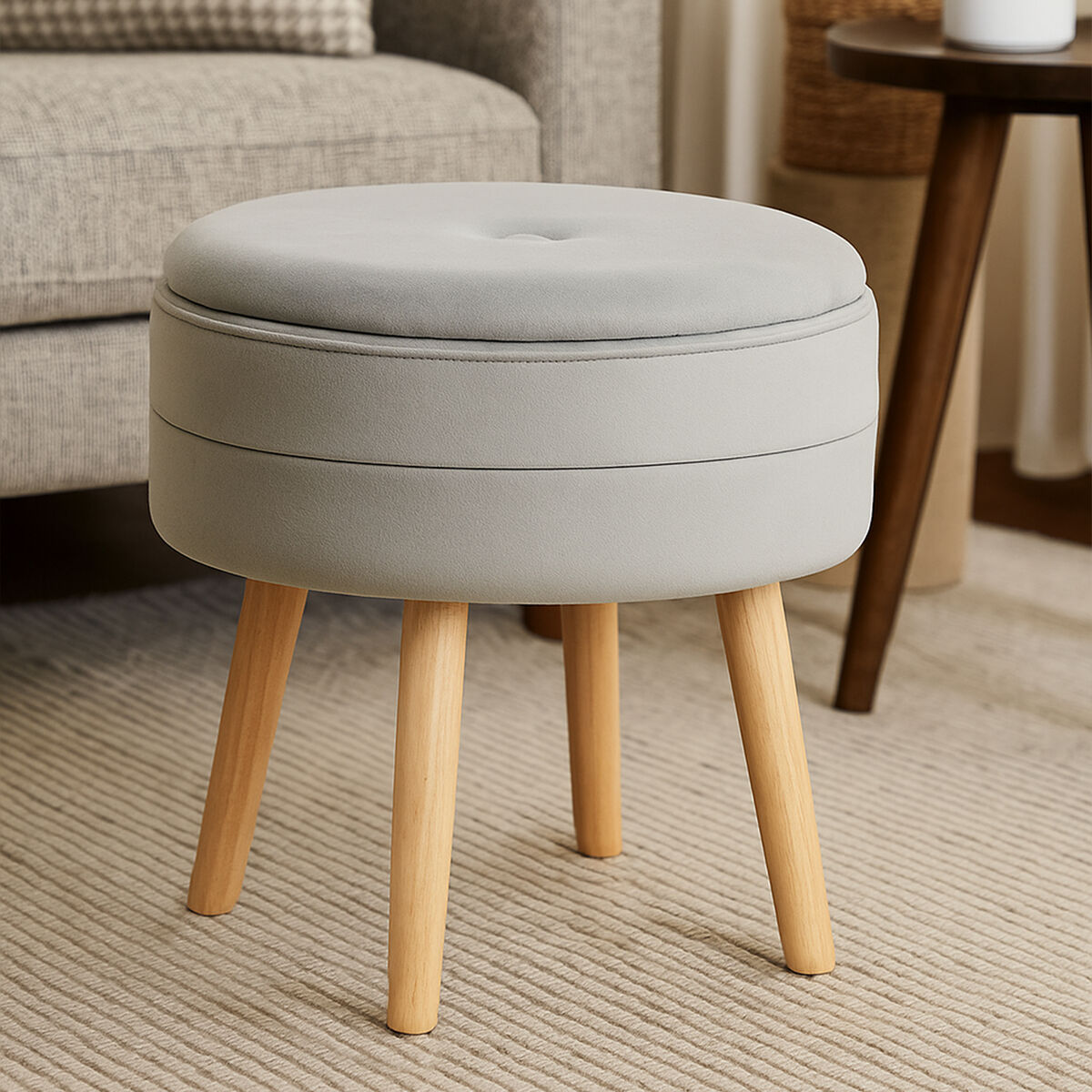 Ivy Grey Velvet Storage Stool with Wooden Legs