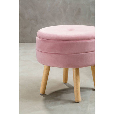 Ivy Pink Velvet Storage Stool with Wooden Legs