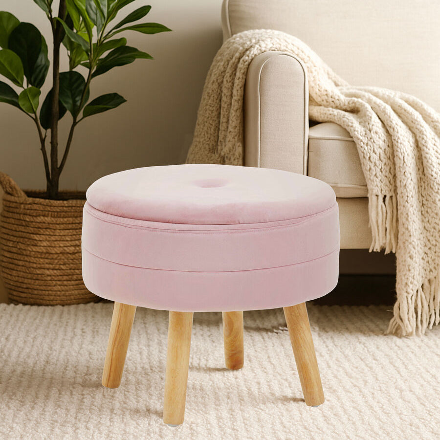 Ivy Pink Velvet Storage Stool with Wooden Legs