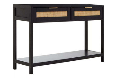 Black Wooden 2-Drawer Console Table with Natural Rattan Panels and Lower Shelf | Sherman