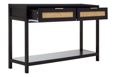 Black Wooden 2-Drawer Console Table with Natural Rattan Panels and Lower Shelf, Sherman