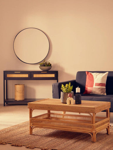 Black Wooden 2-Drawer Console Table with Natural Rattan Panels and Lower Shelf, Sherman