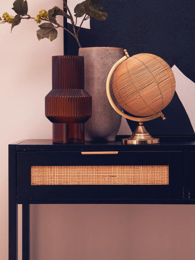 Black Wooden 2-Drawer Console Table with Natural Rattan Panels and Lower Shelf, Sherman