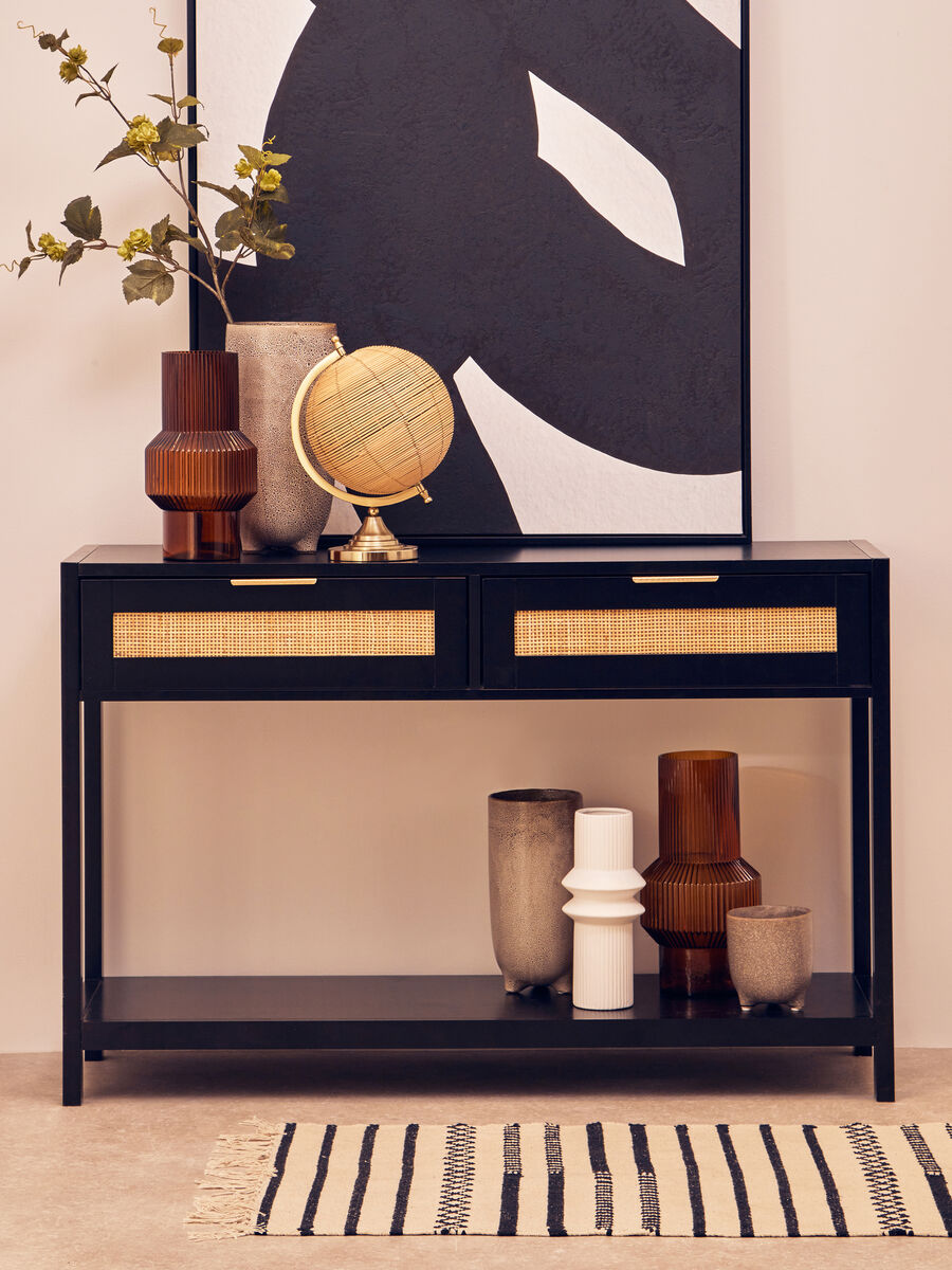 Black Wooden 2-Drawer Console Table with Natural Rattan Panels and Lower Shelf, Sherman