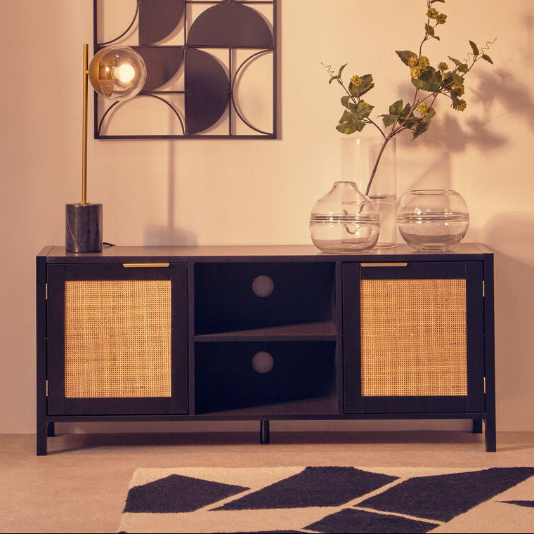 Sherman Black Wood and Rattan Media Unit