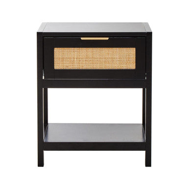 Black Wooden Bedside Table with Natural Rattan 1 Drawer, Sherman