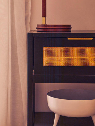 Black Wooden Bedside Table with Natural Rattan 1 Drawer, Sherman