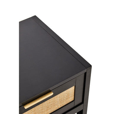 Black Wooden Bedside Table with Natural Rattan 1 Drawer, Sherman