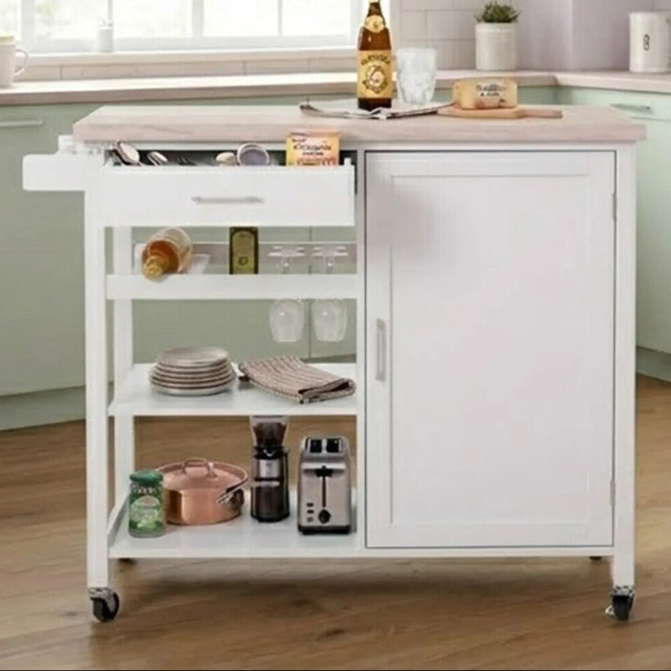 White Kitchen Trolley with Drawer and Cabinet, Frankfurt