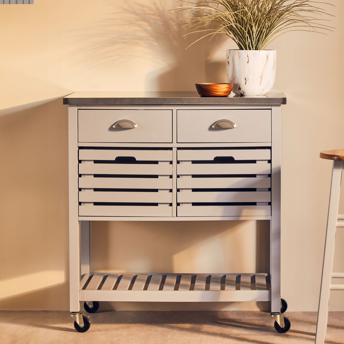 Grey Kitchen Trolley with Stainless Steel Top, Frankfurt