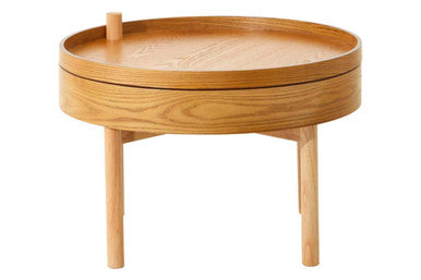 Light Oak Veneer Round Revolving Top Side Table with Hidden Storage Compartment, Viborg