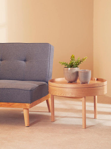 Light Oak Veneer Round Revolving Top Side Table with Hidden Storage Compartment, Viborg