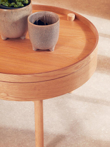 Light Oak Veneer Round Revolving Top Side Table with Hidden Storage Compartment, Viborg