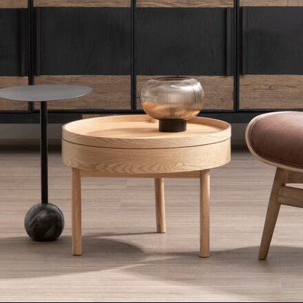 Light Oak Veneer Round Revolving Top Side Table with Hidden Storage Compartment, Viborg