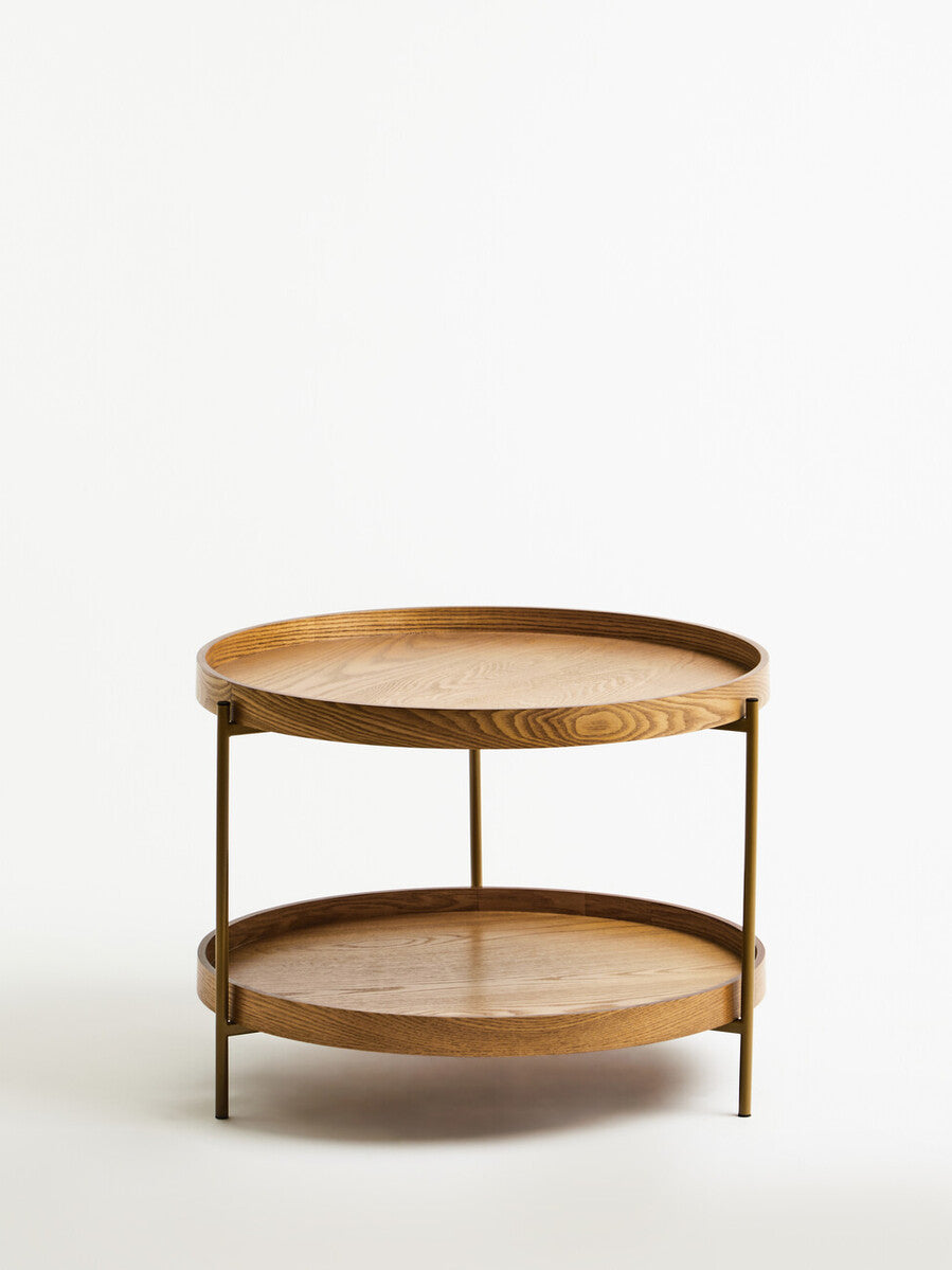 Natural Wood Veneer Round Two-Tier Side Table, Viborg