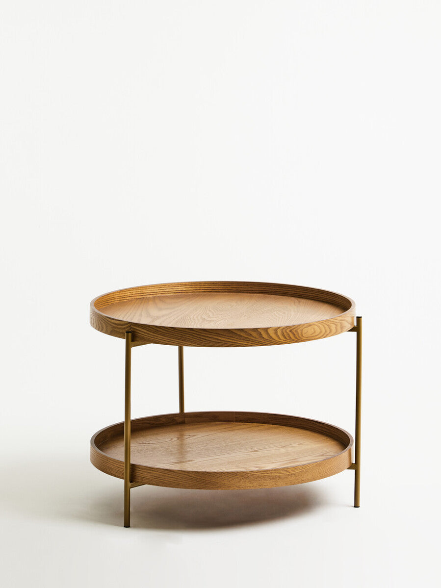 Natural Wood Veneer Round Two-Tier Side Table | Viborg