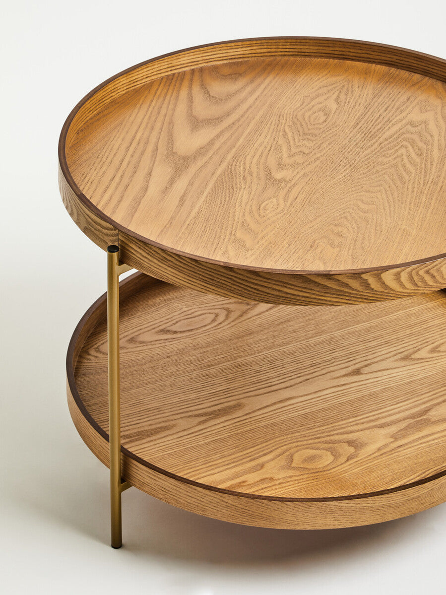 Natural Wood Veneer Round Two-Tier Side Table | Viborg