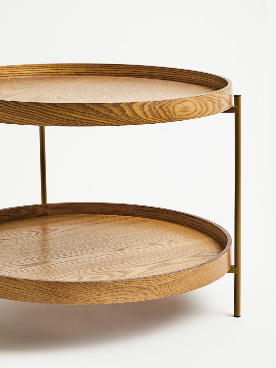Natural Wood Veneer Round Two-Tier Side Table, Viborg
