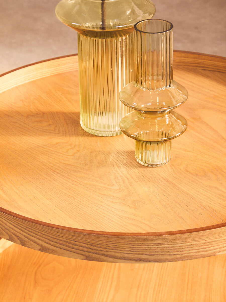 Natural Wood Veneer Round Two-Tier Side Table | Viborg