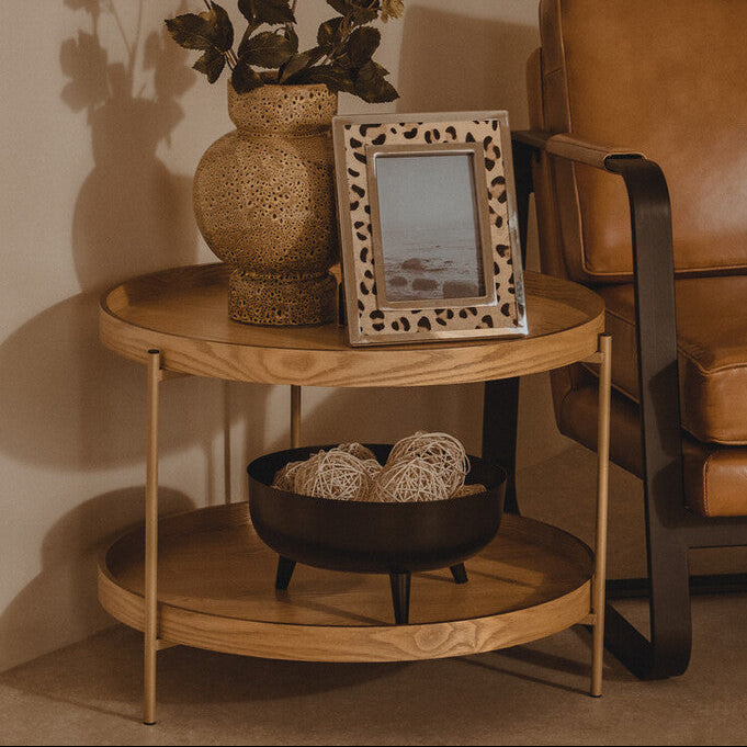 Natural Wood Veneer Round Two-Tier Side Table | Viborg