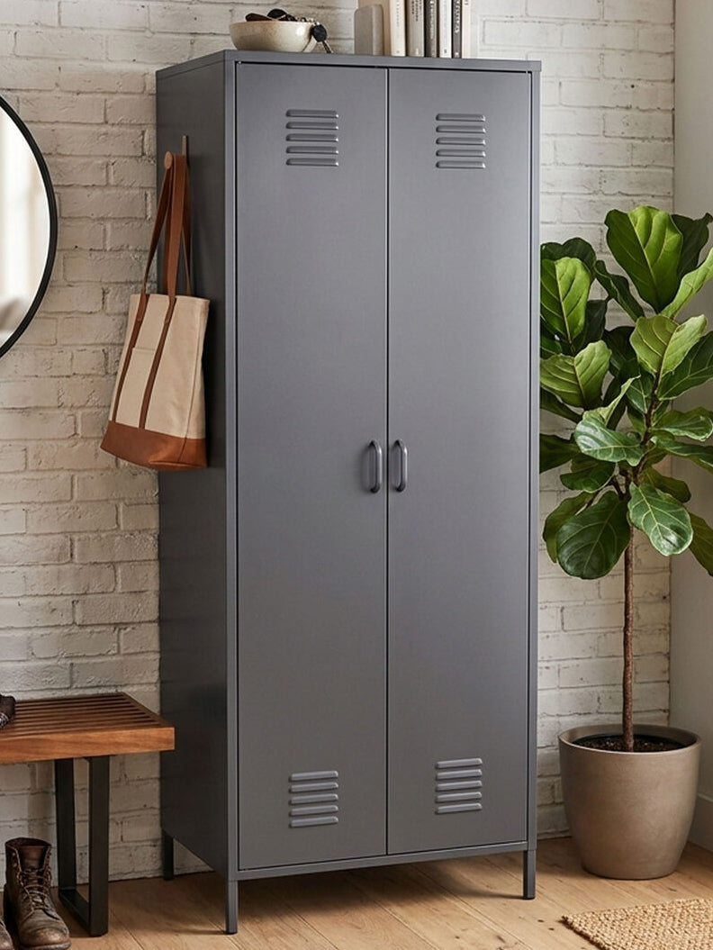 Academy Grey Metal Two Door Locker Style Wardrobe with Hanging Rail