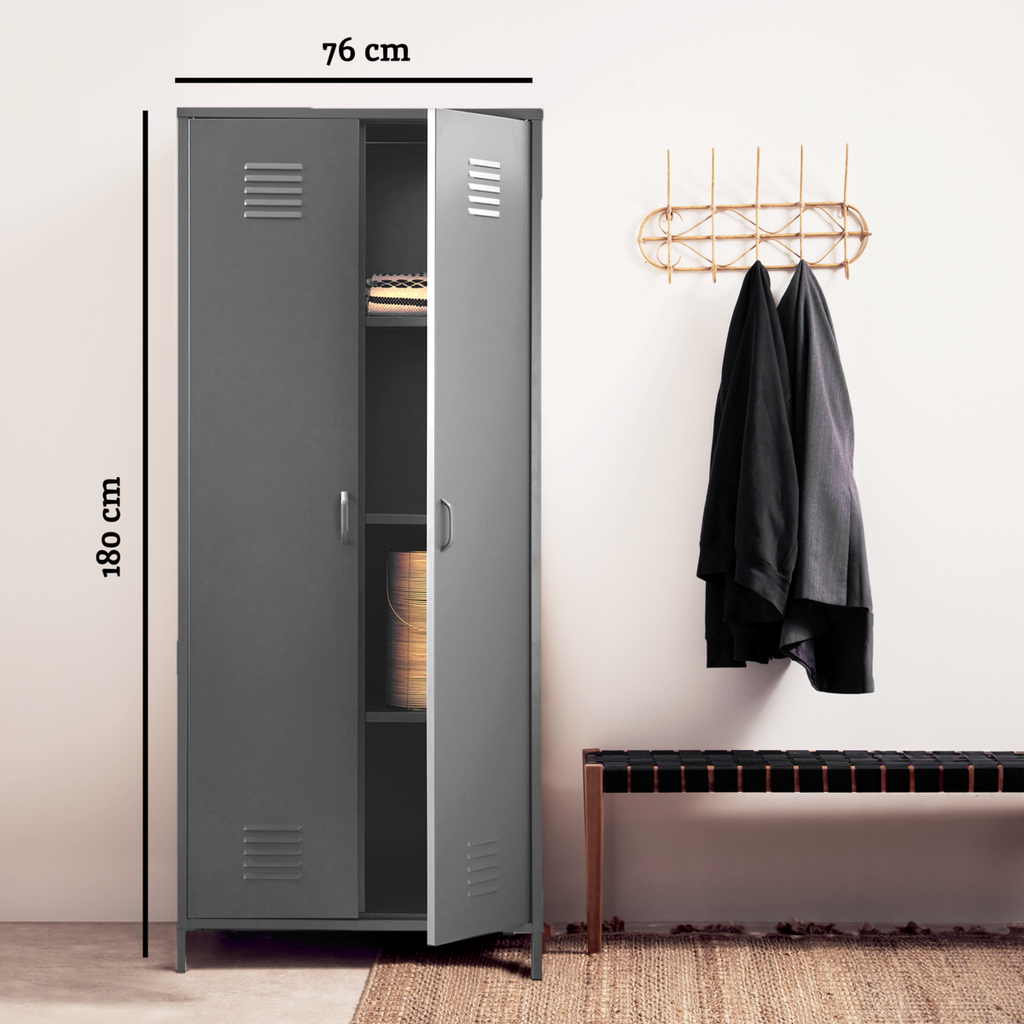 Academy Grey Metal Two Door Locker Style Wardrobe with Hanging Rail