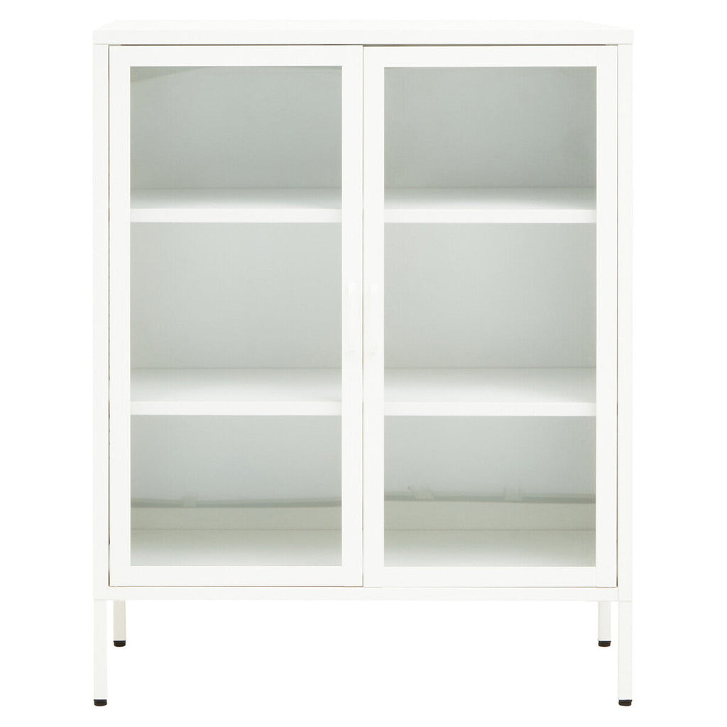 Acier White Metal and Glass Two Door Cabinet with Adjustable Shelves