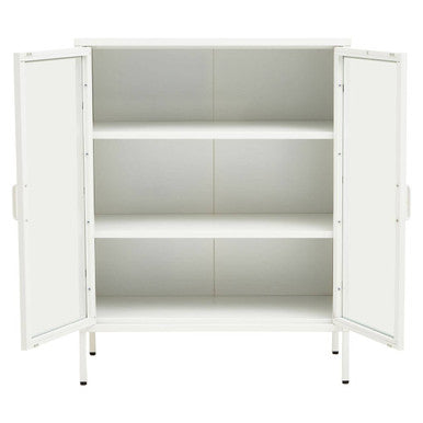 Acier White Metal and Glass Two Door Cabinet with Adjustable Shelves