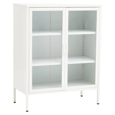 Acier White Metal and Glass Two Door Cabinet with Adjustable Shelves