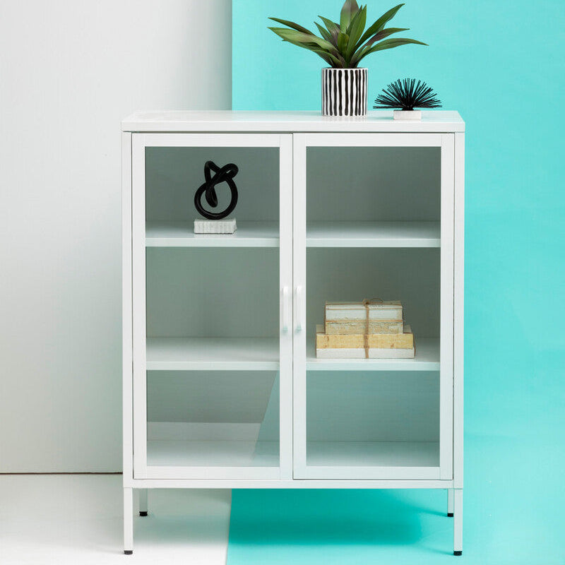 Acier White Metal and Glass Two Door Cabinet with Adjustable Shelves