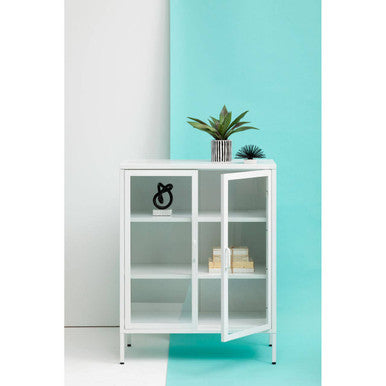 Acier White Metal and Glass Two Door Cabinet with Adjustable Shelves