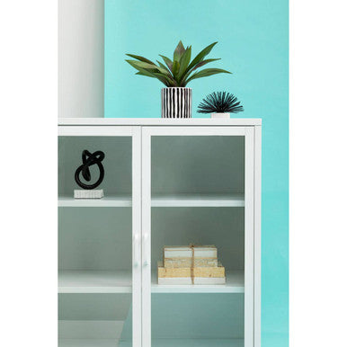 Acier White Metal and Glass Two Door Cabinet with Adjustable Shelves