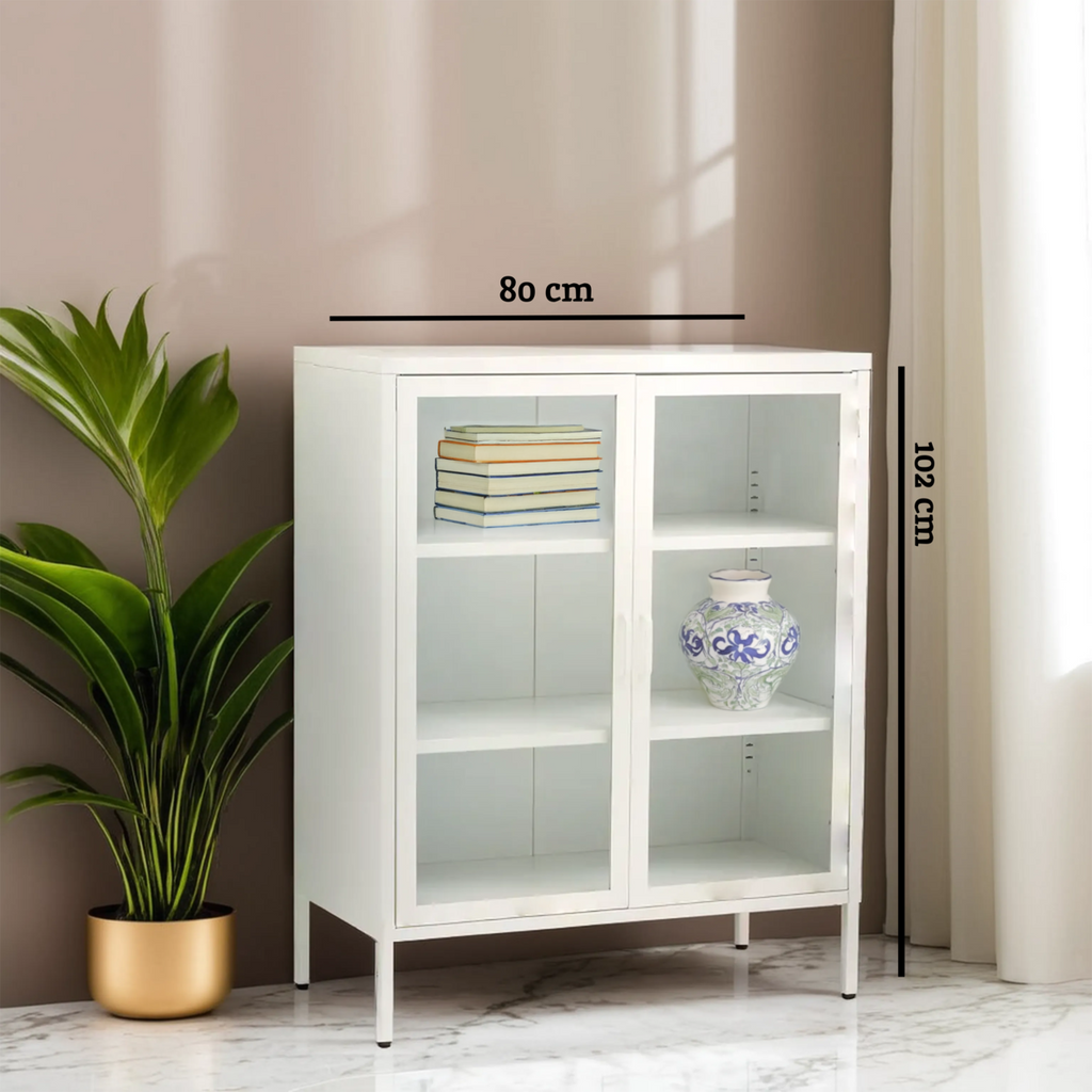 Acier White Metal and Glass Two Door Cabinet with Adjustable Shelves