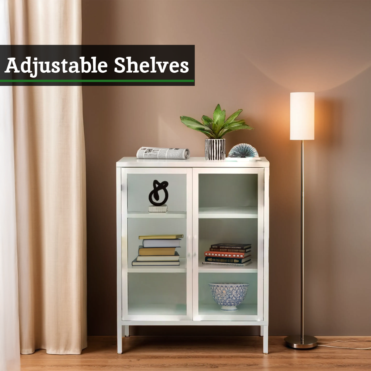 Acier White Metal and Glass Two Door Cabinet with Adjustable Shelves