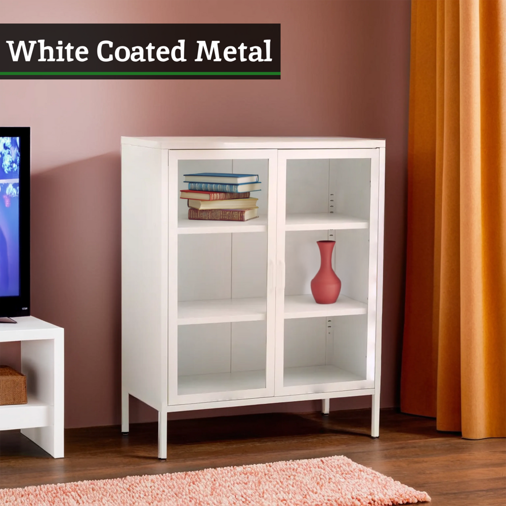 Acier White Metal and Glass Two Door Cabinet with Adjustable Shelves