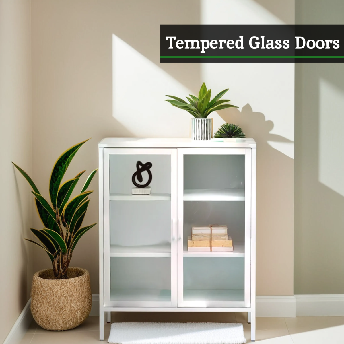 Acier White Metal and Glass Two Door Cabinet with Adjustable Shelves
