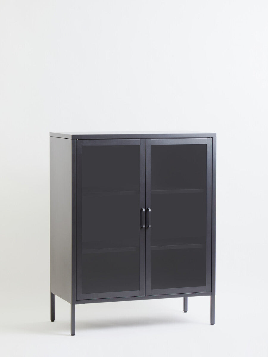 Acier Grey Metal and Glass Two Door Cabinet with Adjustable Shelves