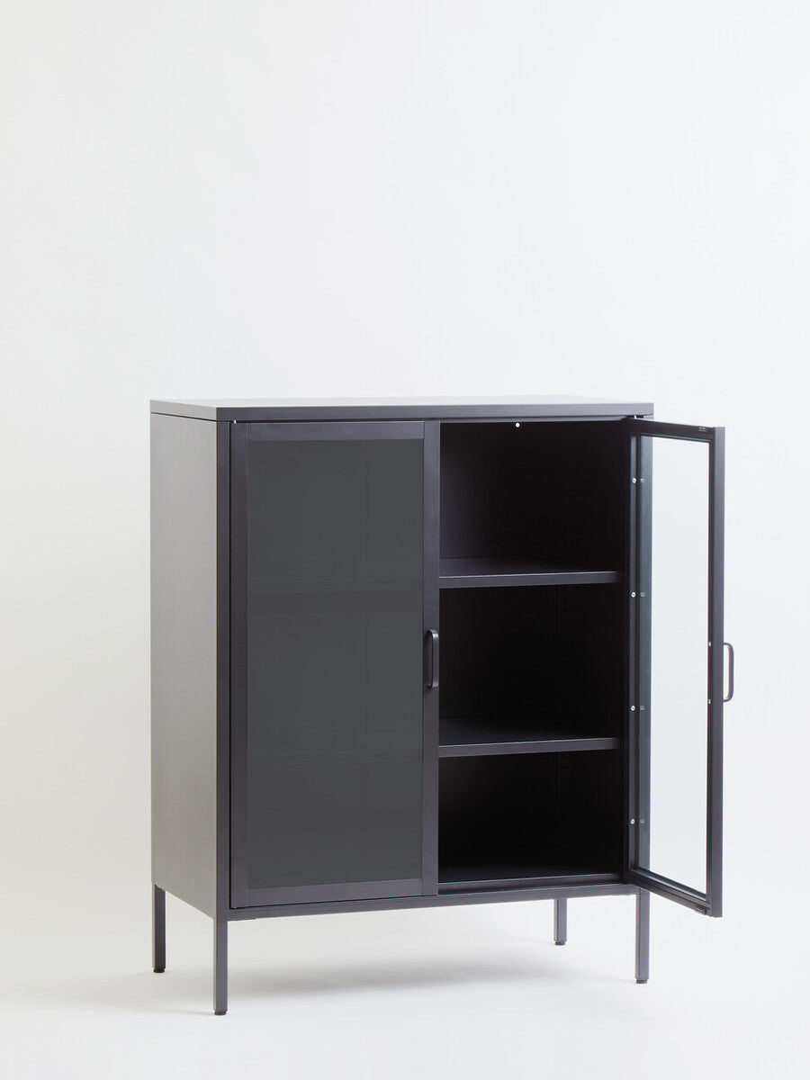 Acier Grey Metal and Glass Two Door Cabinet with Adjustable Shelves