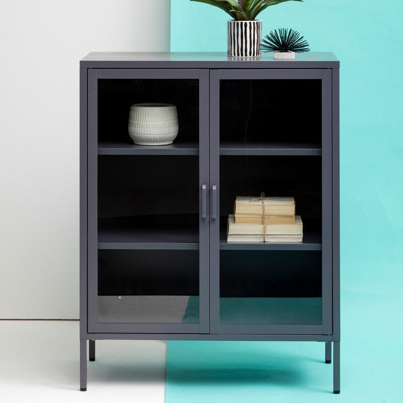 Acier Grey Metal and Glass Two Door Cabinet with Adjustable Shelves