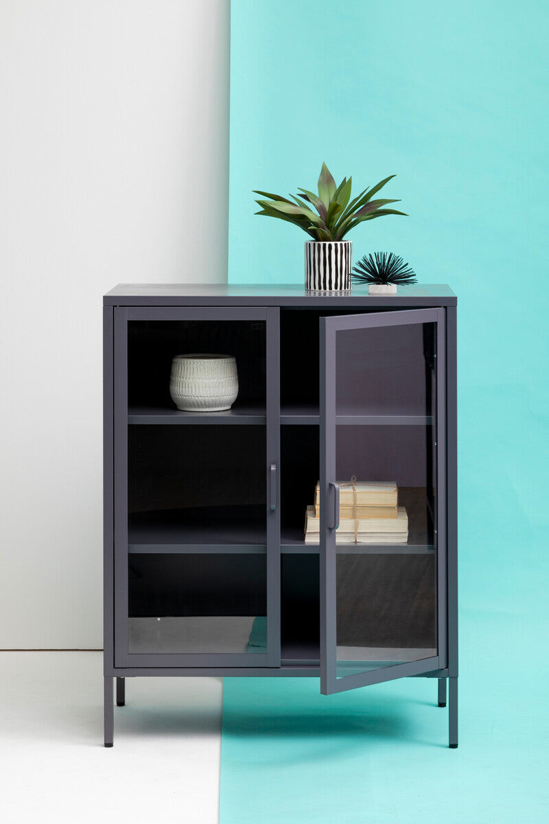 Acier Grey Metal and Glass Two Door Cabinet with Adjustable Shelves