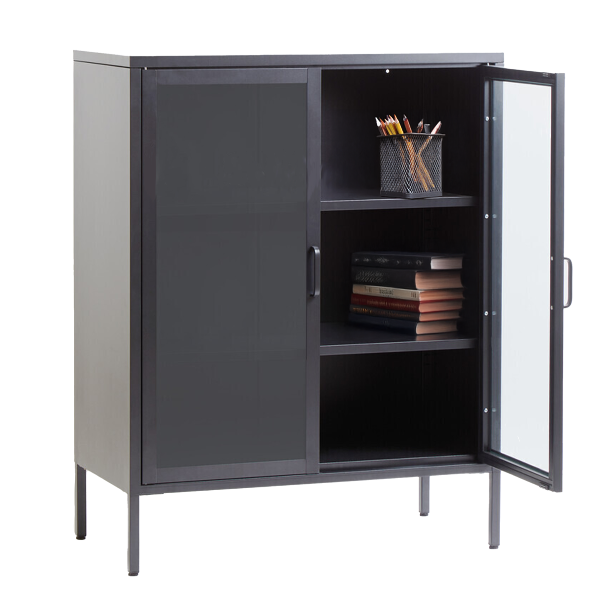 Acier Grey Metal and Glass Two Door Cabinet with Adjustable Shelves