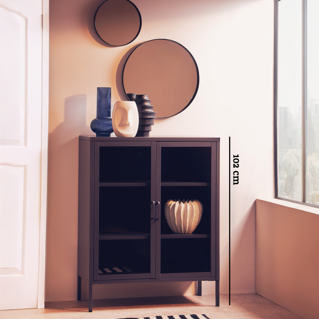 Acier Grey Metal and Glass Two Door Cabinet with Adjustable Shelves