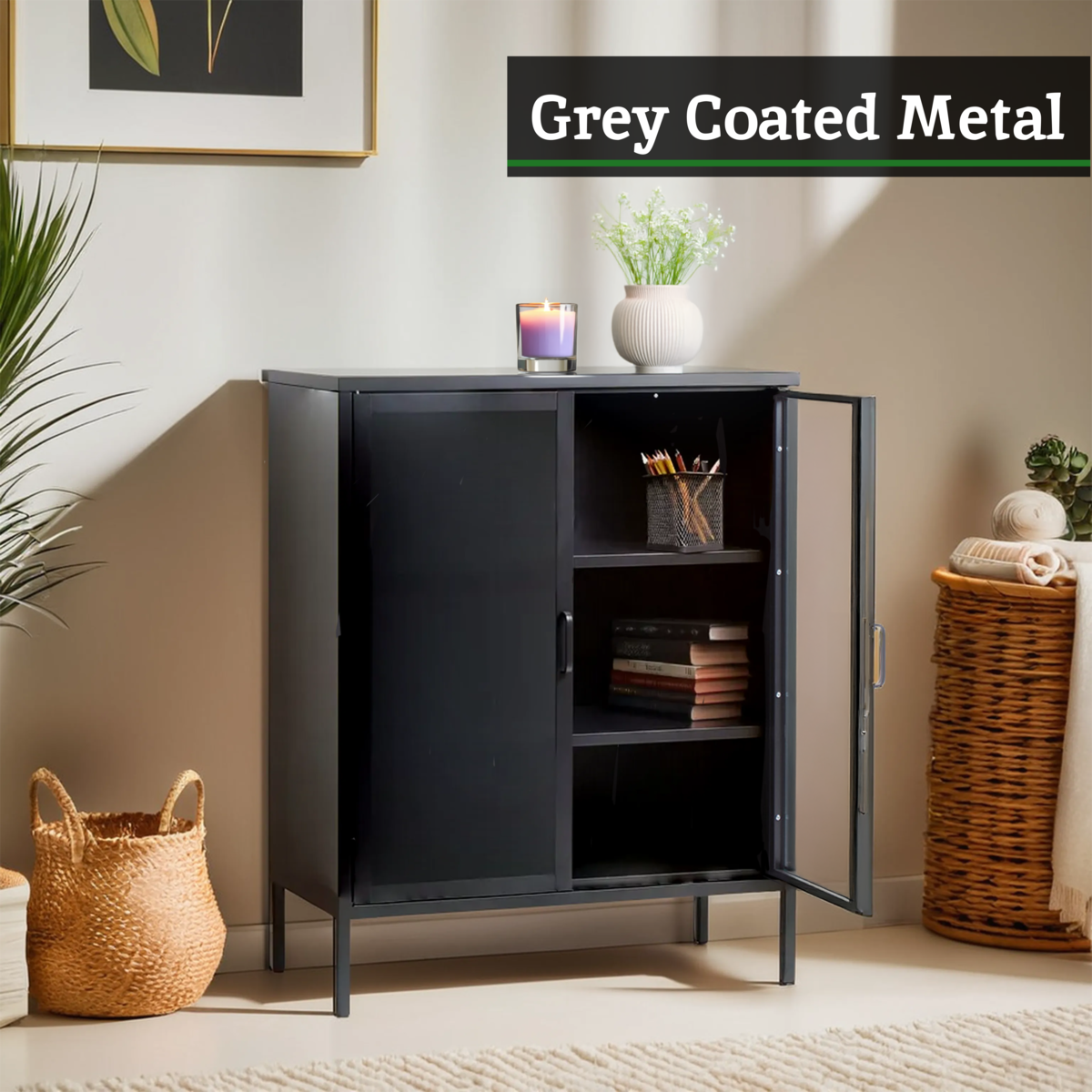 Acier Grey Metal and Glass Two Door Cabinet with Adjustable Shelves