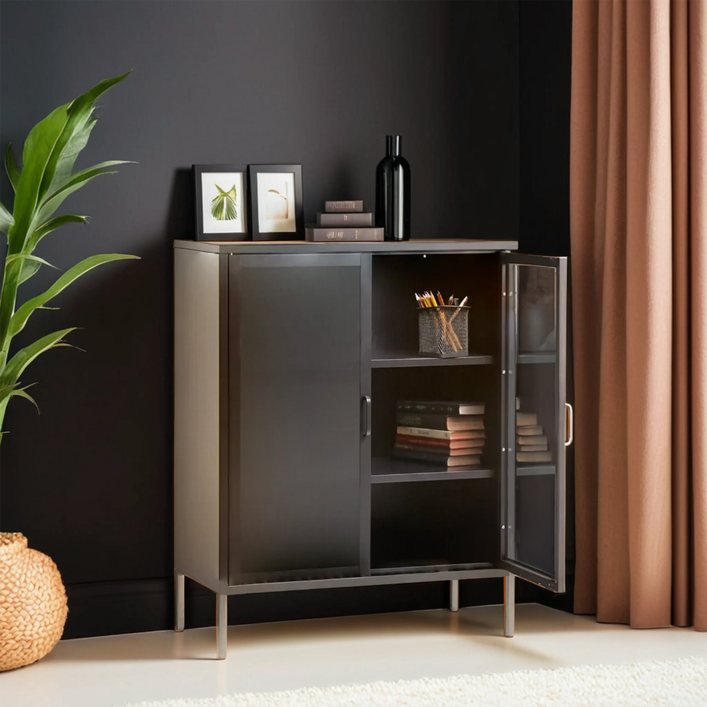 Acier Grey Metal and Glass Two Door Cabinet with Adjustable Shelves